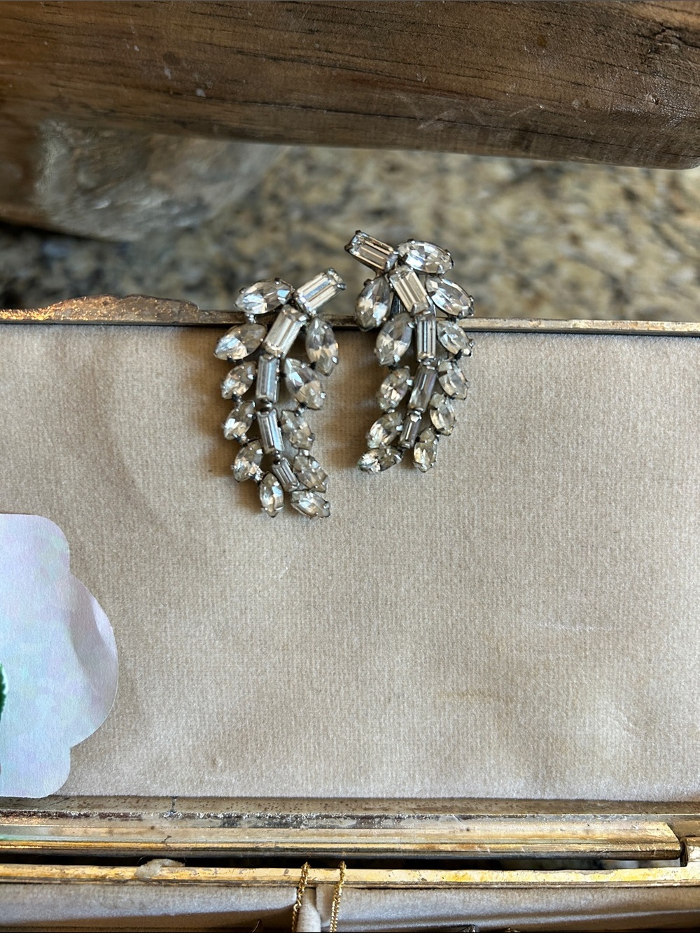 1960’s Crystal Leaf Cluster Clip Earrings - Clear Rhinestone Bridal Earrings